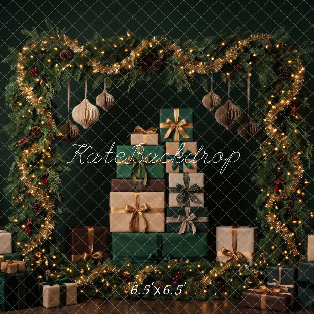 Kate Christmas Garland Arch Gift Boxes Emerald Printed Backdrop Designed by Patty Roberts