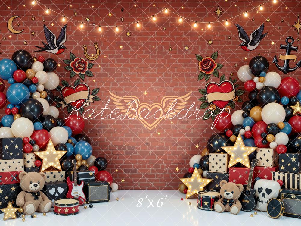 Kate Cake Smash Tattoo Rock and Roll Balloons Gifts Brick Wall Printed Backdrop Designed by Mini MakeBelieve