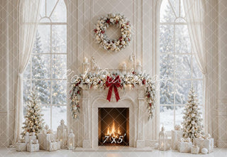 TEST Kate Christmas Fireplace Wreath Trees Window Presents White Printed Backdrop Designed by Emetselch