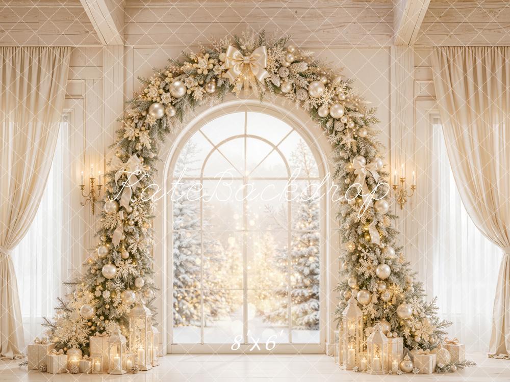 Kate Christmas Flower Arch Cream Window Presents Curtains Printed Backdrop Designed by Emetselch