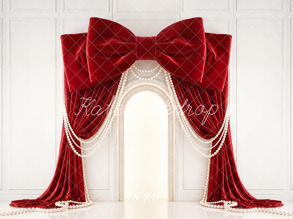 Kate Red Bow Drapes Pearls Arch Wall Backdrop Designed by Emetselch