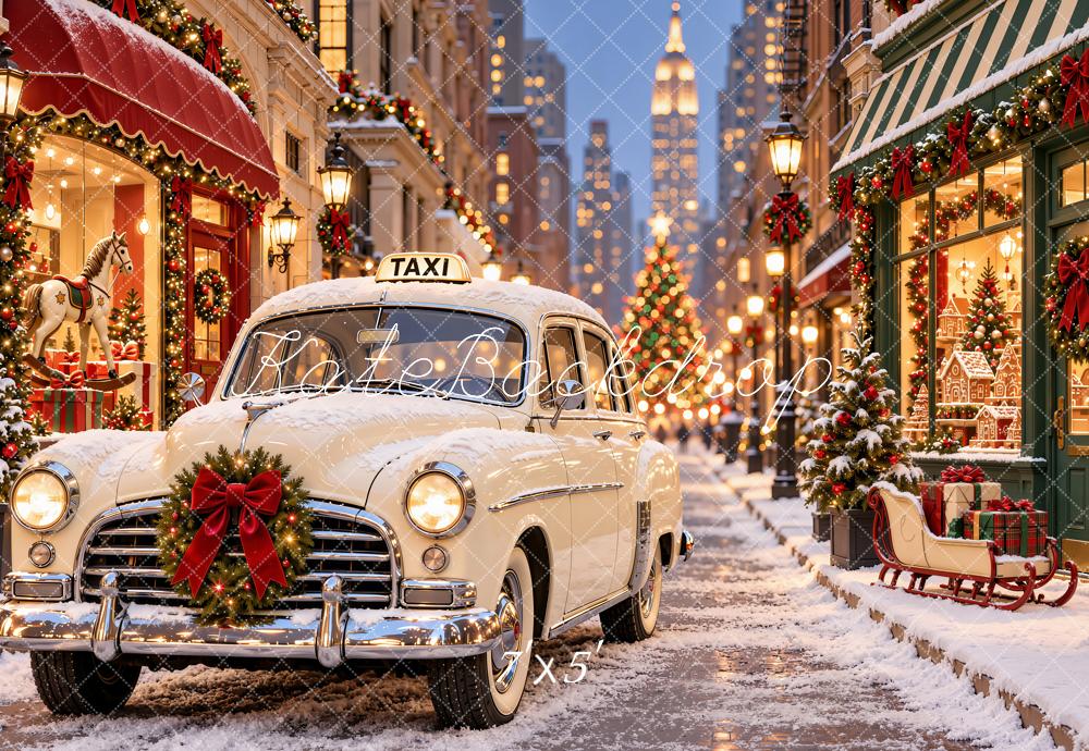 Kate Christmas Vintage Taxi Shop Snowy City Street Printed Backdrop Designed by Emetselch