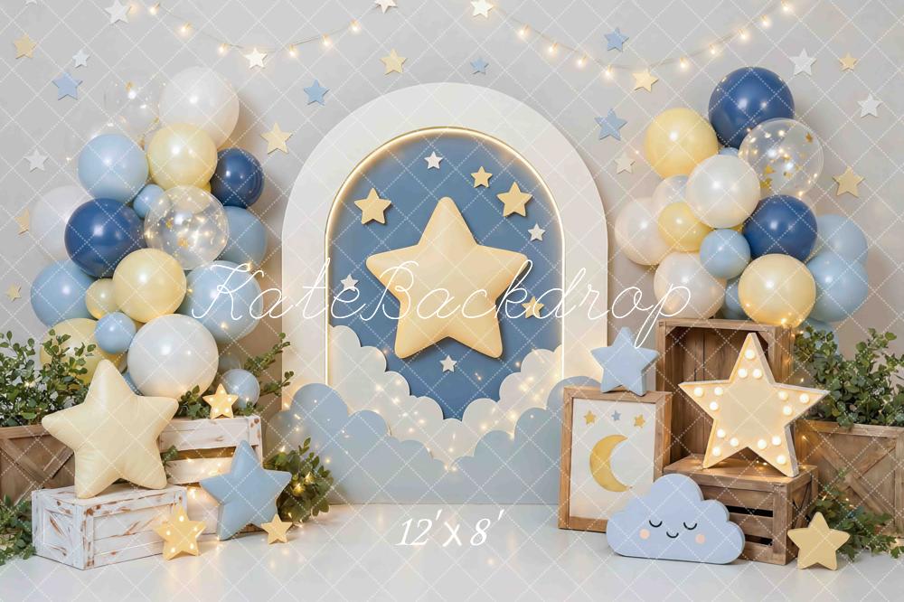Kate Cake Smash Star Arch Balloons Clouds Blue Yellow Printed Backdrop Designed by Mini MakeBelieve