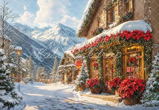 Kate Christmas Village Snowy House Mountain Printed Backdrop Designed by Emetselch