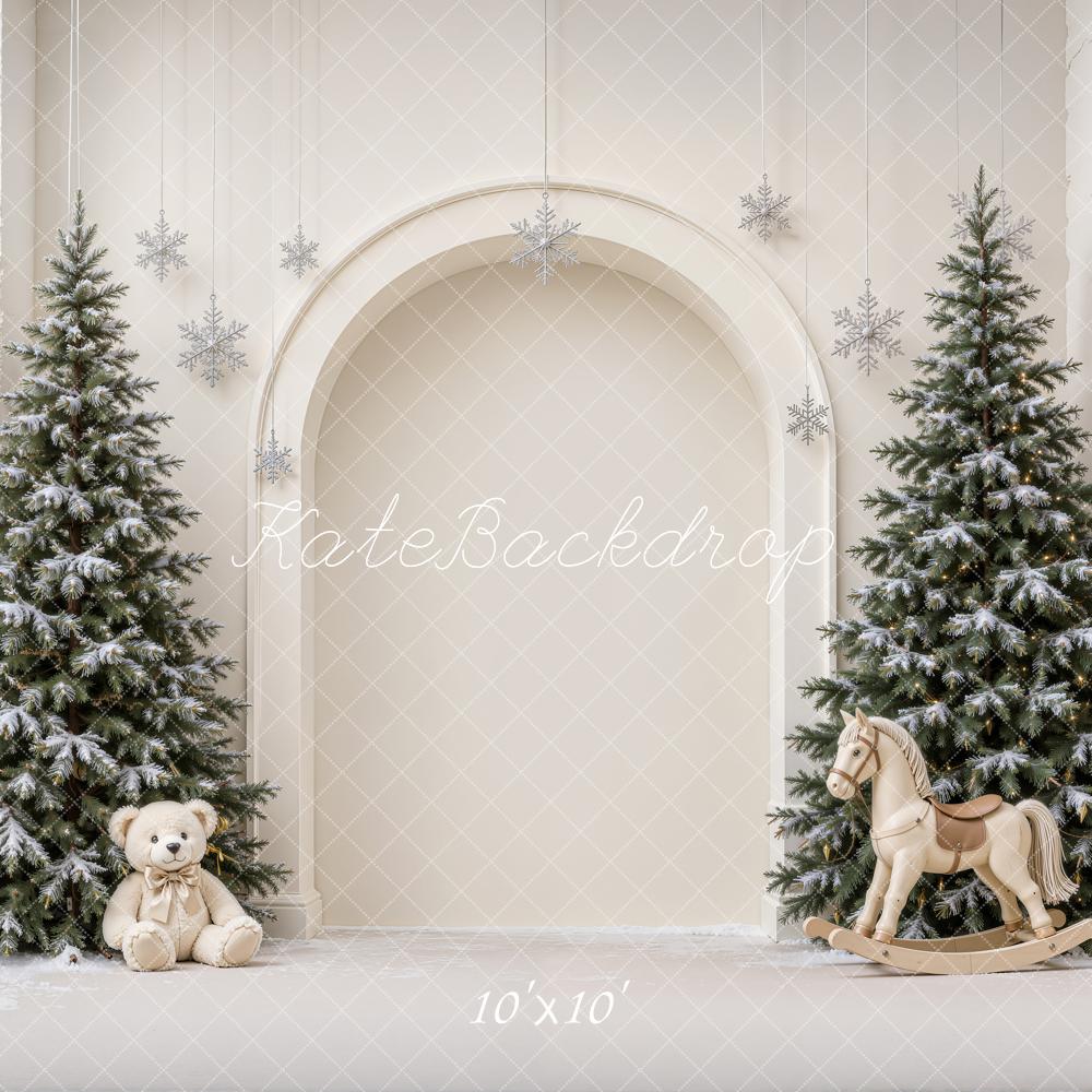 Kate Christmas Minimalist Arch Snowy Trees Teddy Bear Rocking Horse Printed Backdrop Designed by Emetselch