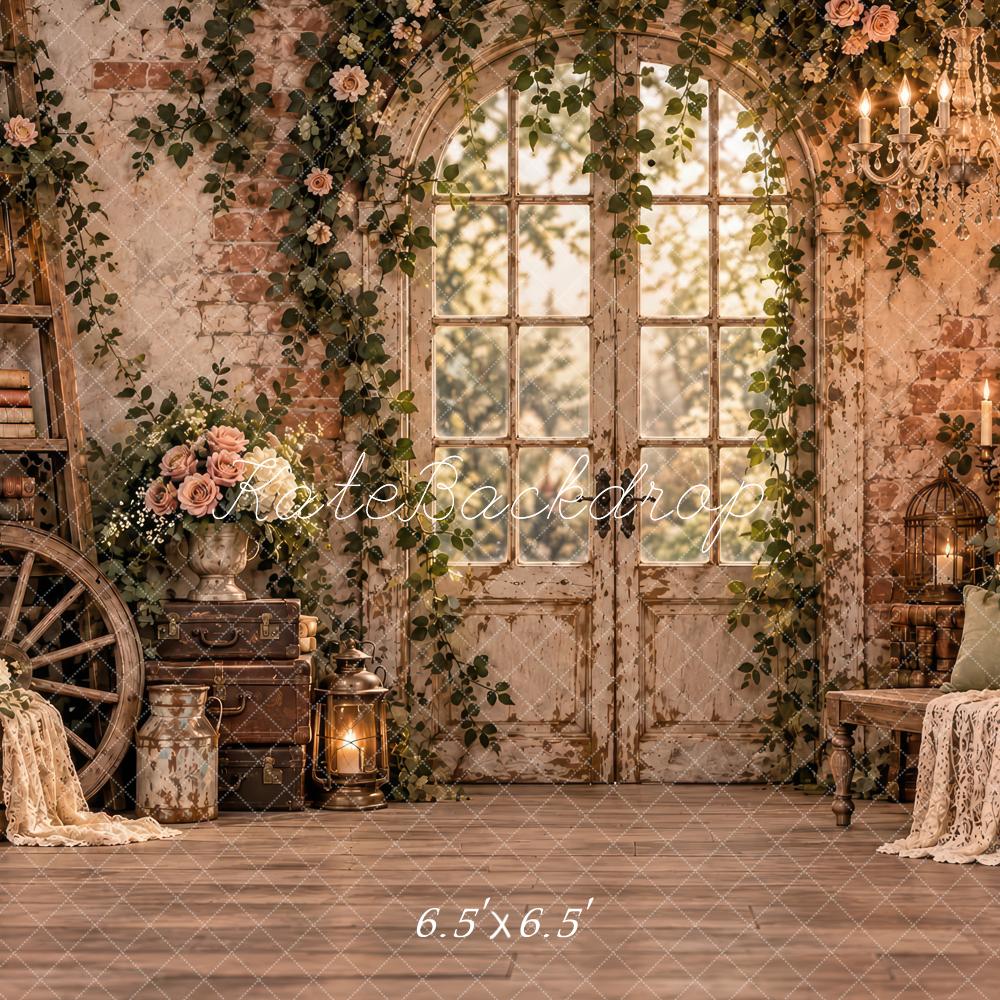 Kate Spring Brown Vintage Floral Brick Wall French Door Printed Backdrop Designed by Laura Bybee