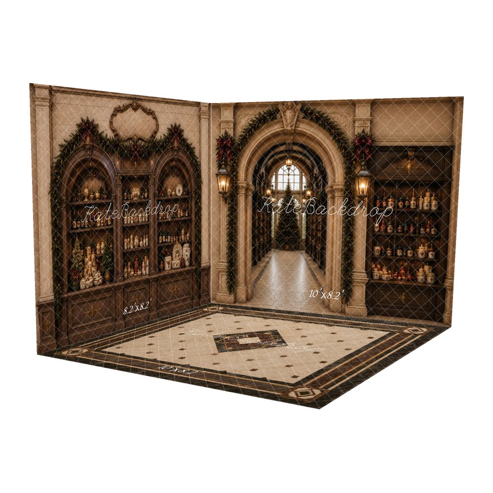 Kate Christmas Archway Garland Tree Candle Retro Wood Cabinet Printed Backdrop Room Set