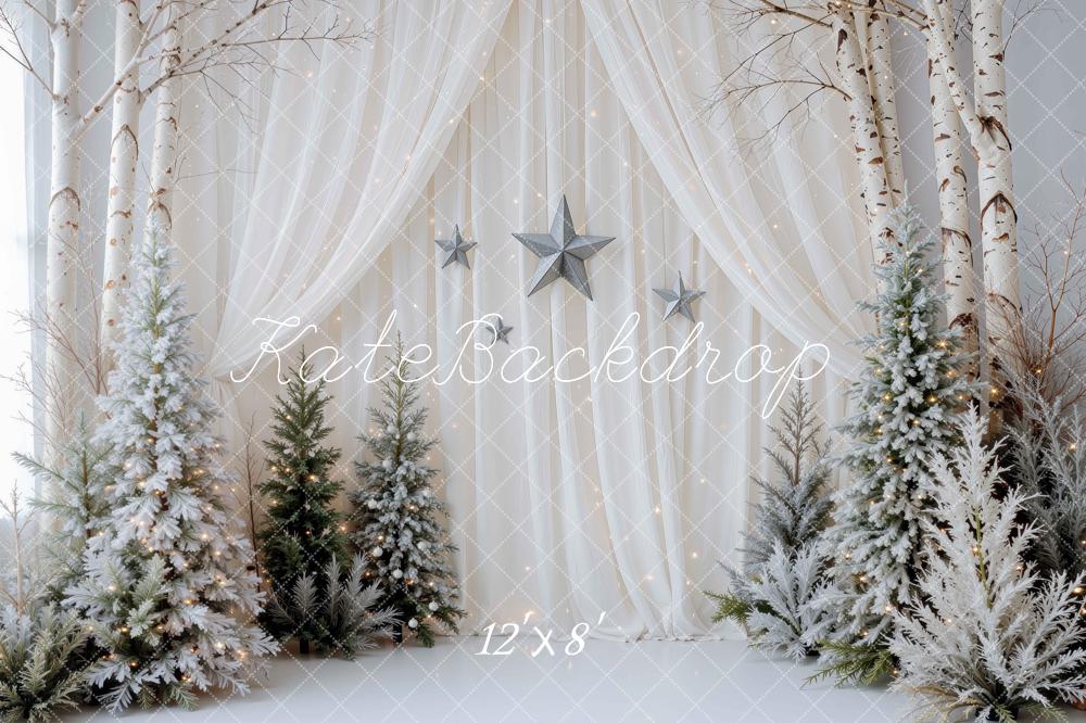 Kate Christmas Simple Curtains Winter White Birch Trees Printed Backdrop Designed by Mini MakeBelieve