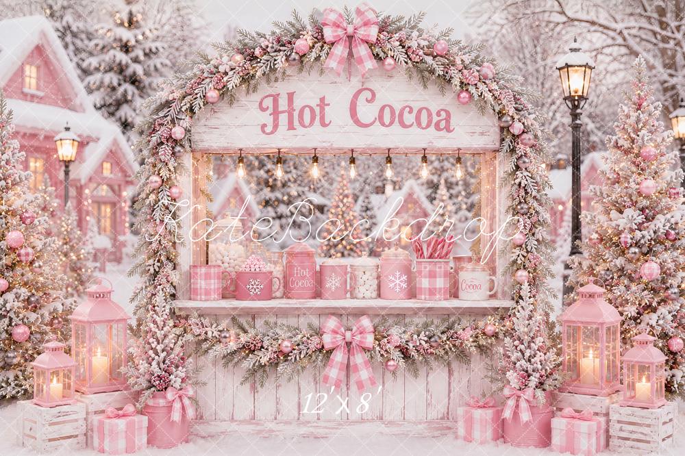 Kate Christmas Pink Hot Cocoa Stand Snowy Village Printed Backdrop Designed by Ashley Paul