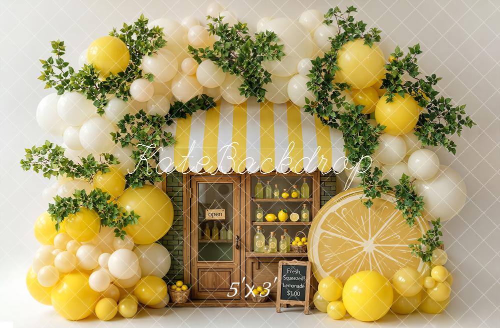 Kate Summer Lemonade Stand Yellow Balloons Greenery Lemons Printed Backdrop Designed by Emetselch