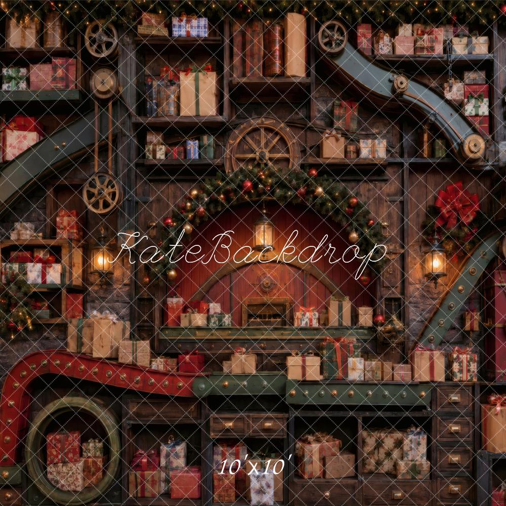 Kate Christmas Workshop Conveyor Shelves Presents Garland Printed Backdrop Designed by Vertigo Productions
