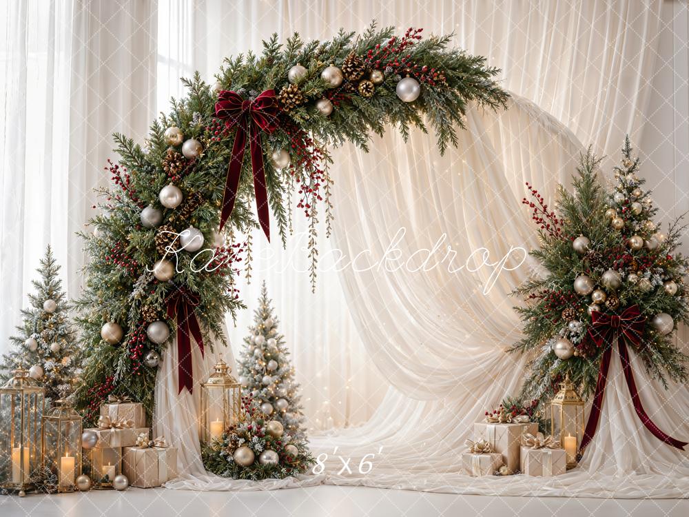 Kate Christmas Circle Flower Arch White Drapes Gold Ornaments Gifts Printed Backdrop Designed by Emetselch