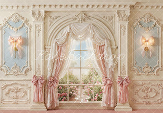 Kate Spring Pink Bow Ornate Window Vintage Wall Printed Backdrop Designed by Emetselch