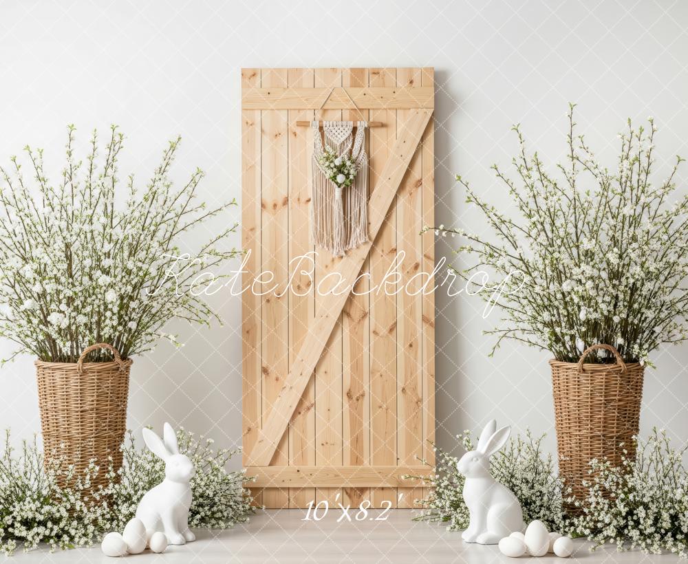 Kate Easter Bunny Wooden Door Wicker Baskets White Flowers Backdrop Designed by Patty Roberts