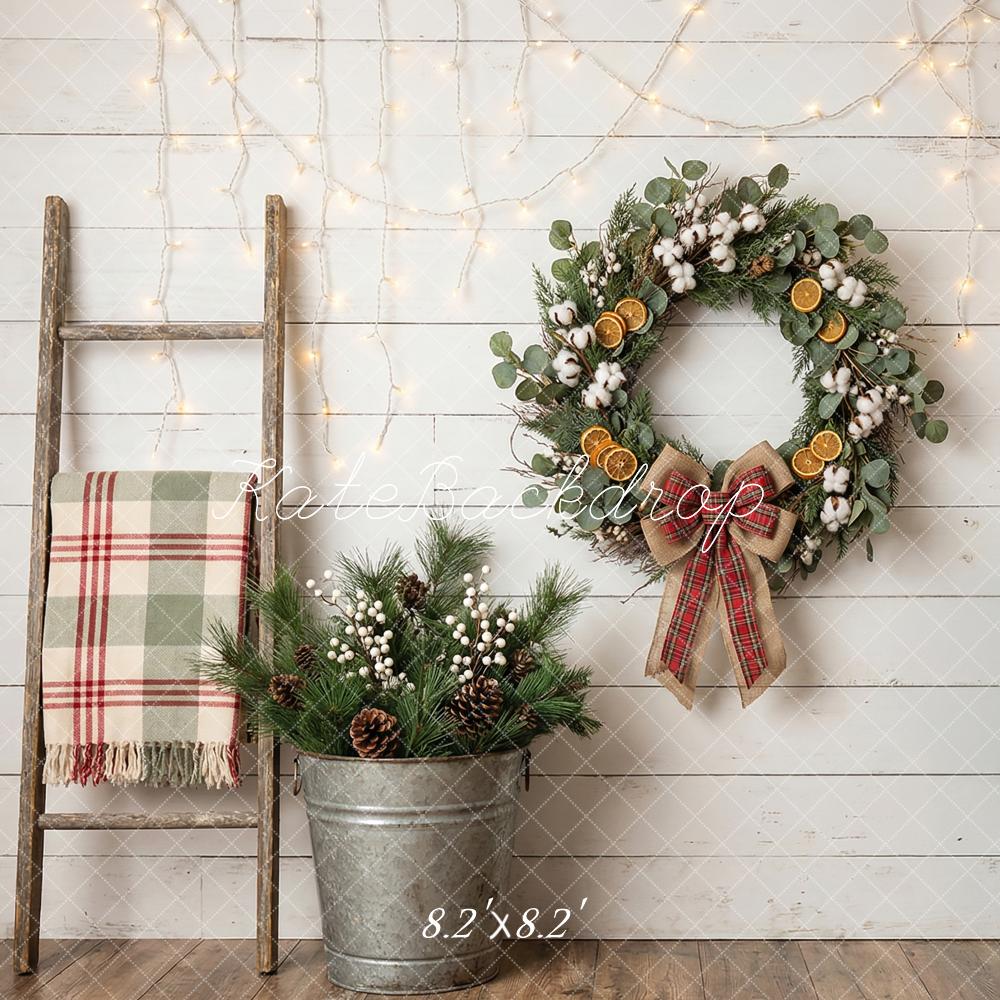 Kate Christmas Wreath Garland Pinecones Rustic Ladder Printed Backdrop Designed by Happy Squirrel Design