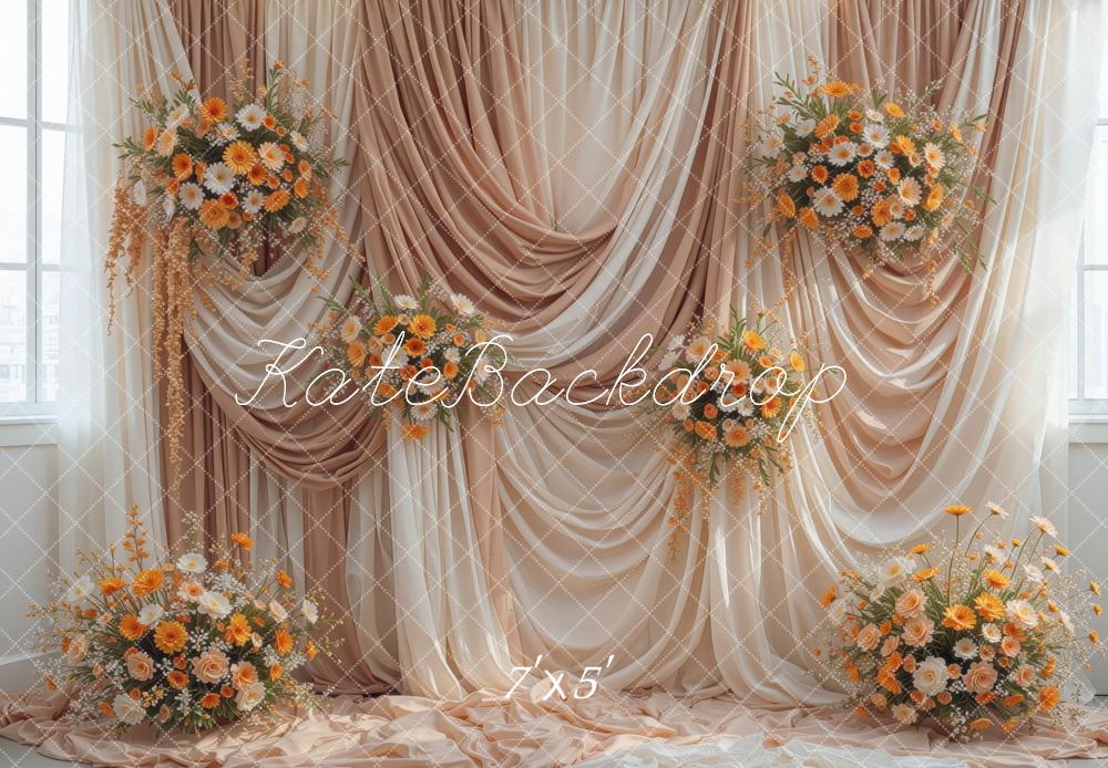 Kate Fall Beige Draped Curtains Orange Flower Printed Backdrop Designed by Mini MakeBelieve