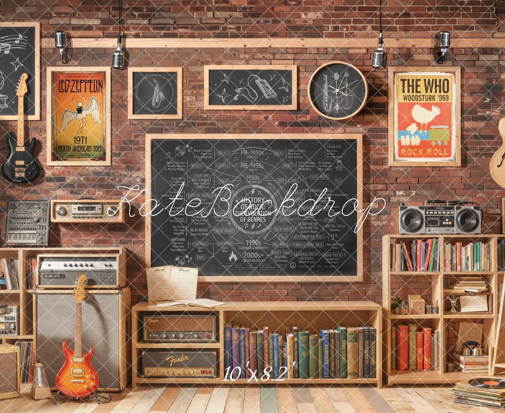 Kate Retro Music Classroom Brick Wall Guitars Printed Backdrop Designed by Emetselch