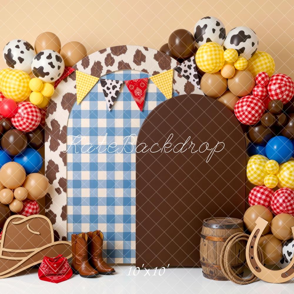Kate Cake Smash Western Cowboy Cowhide Balloon Arch Brown Printed Backdrop Designed by Mini MakeBelieve