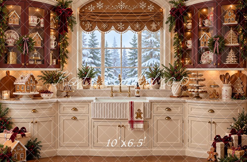 Kate Christmas Gingerbread Kitchen Window White Cabinet Printed Backdrop Designed by Shutter Swan Studios
