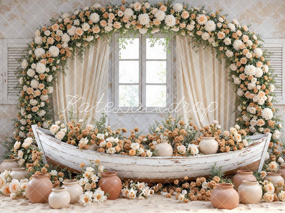 Kate Flower Arch Boat Window Vases Beige Floral Printed Backdrop Designed by Mini MakeBelieve