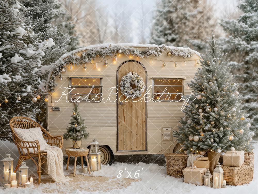 Kate Christmas Snowy Beige Camper Van Trees Lights Chair Printed Backdrop Designed by Emetselch