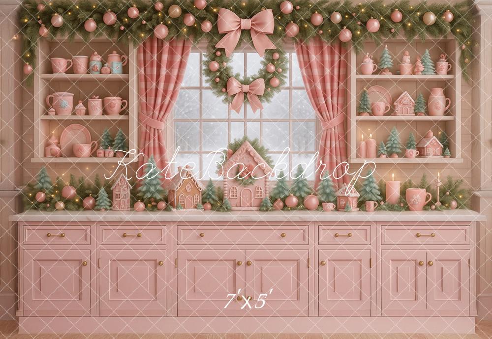 Kate Christmas Pink Kitchen Cabinet Garland Bow Backdrop Designed by Ashley Paul