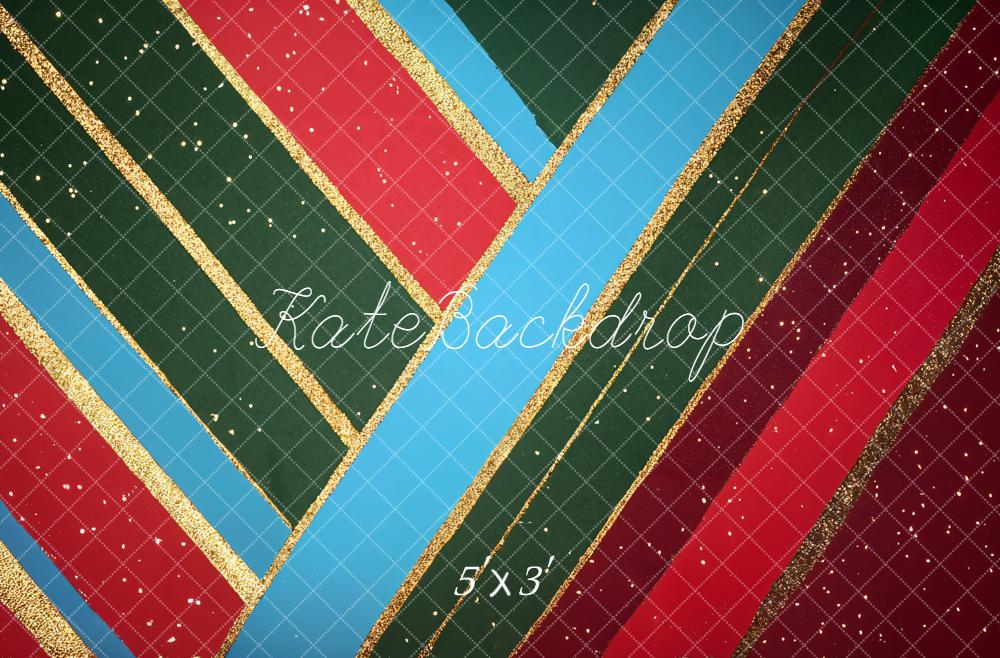 Kate Diagonal Stripes Red Green Blue Gold Glitter Backdrop Designed by Emetselch