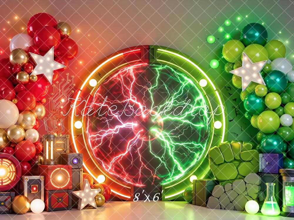 Kate Cake Smash Superhero Portal Electric Balloons Science Printed Backdrop Designed by Mini MakeBelieve