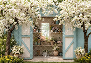 Kate Spring Blue Garden Shed Flower Arch Blossoming Trees Printed Backdrop Designed by Emetselch
