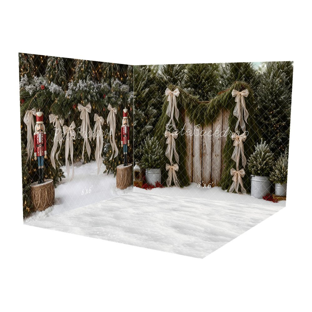 Kate Christmas Pine Trees Rustic Wood Garland Bows Lantern Buckets Printed Backdrop Room Set