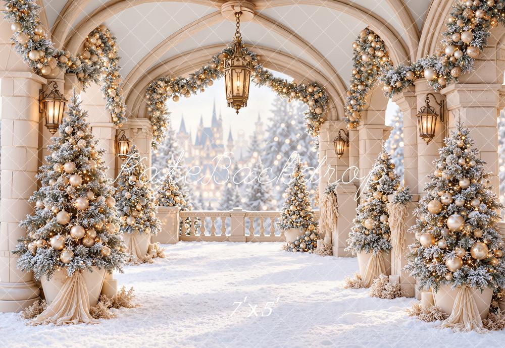 Kate Christmas Snowy Archway Christmas Trees Lanterns Printed Backdrop Designed by Emetselch
