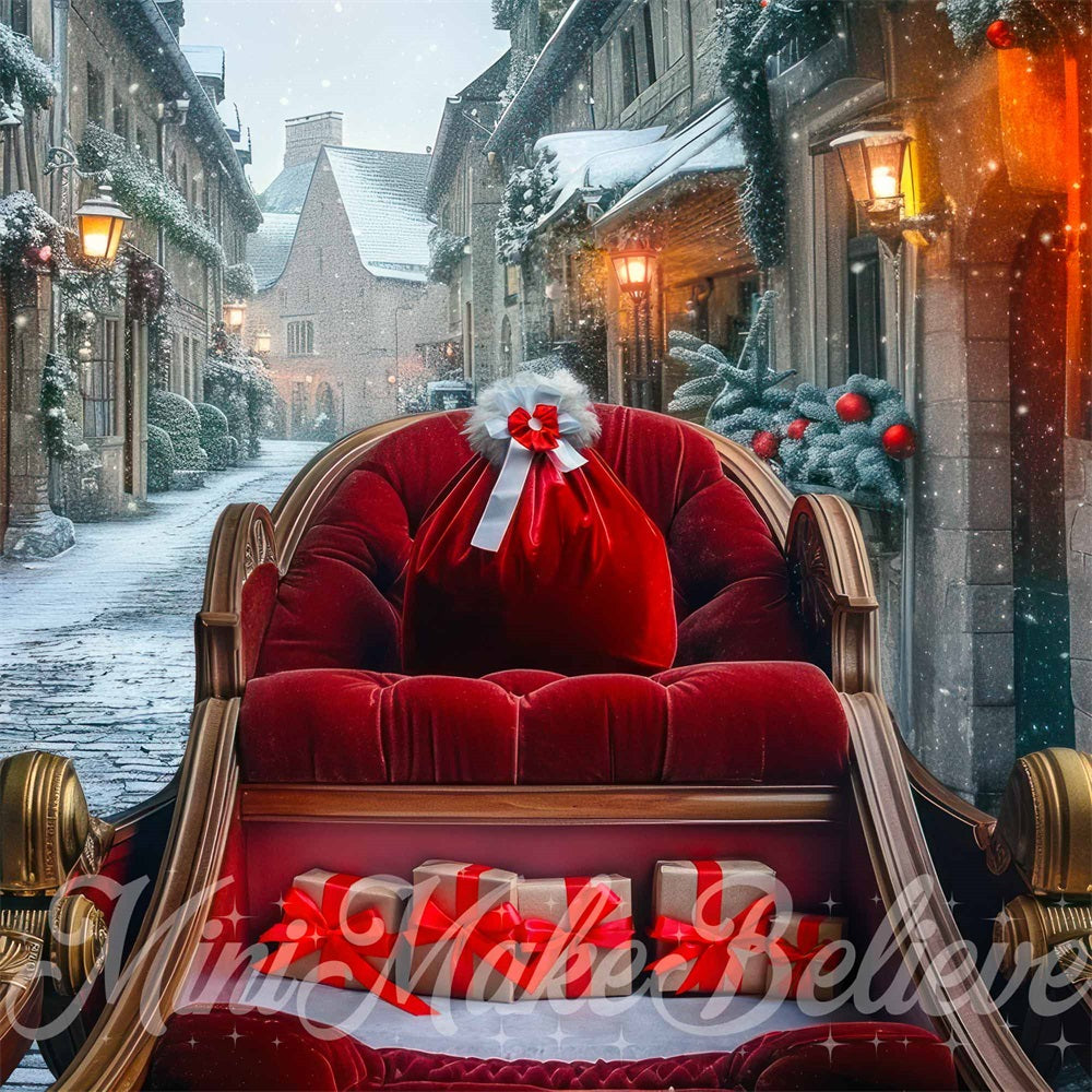 Kate Winter Christmas Street Red Sleigh Backdrop Designed by Mini MakeBelieve