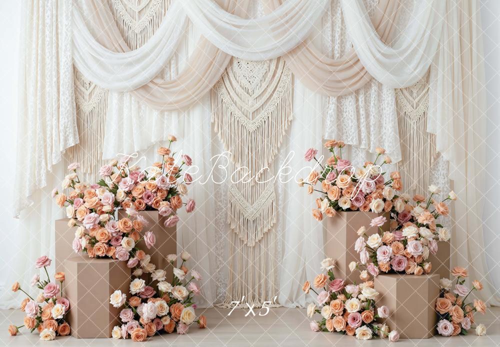 Kate Mother's Day Boho Flower Arch Macrame Beige Drapes Backdrop Designed by Mini MakeBelieve