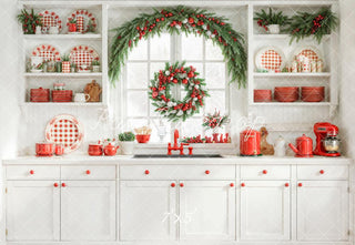 Kate Christmas Kitchen Red Plaid Dishes Garland Wreath Window Printed Backdrop Designed by Emetselch