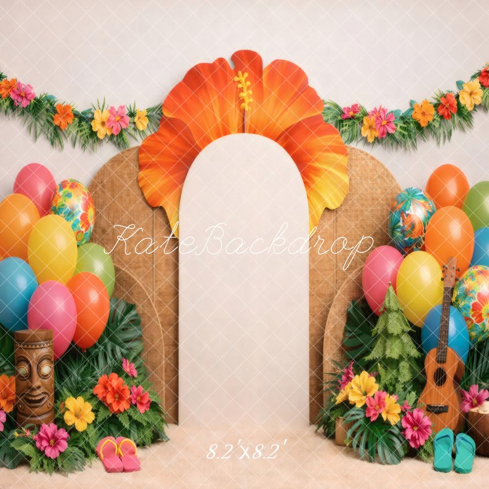 Kate Summer Party Tropical Flower Arch Balloons Tiki Hibiscus Printed Backdrop Designed by Vertigo Productions