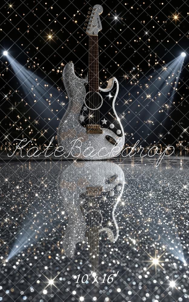 Kate Sweep Silver Glitter Guitar Stage Lights Printed Backdrop Designed by Emetselch
