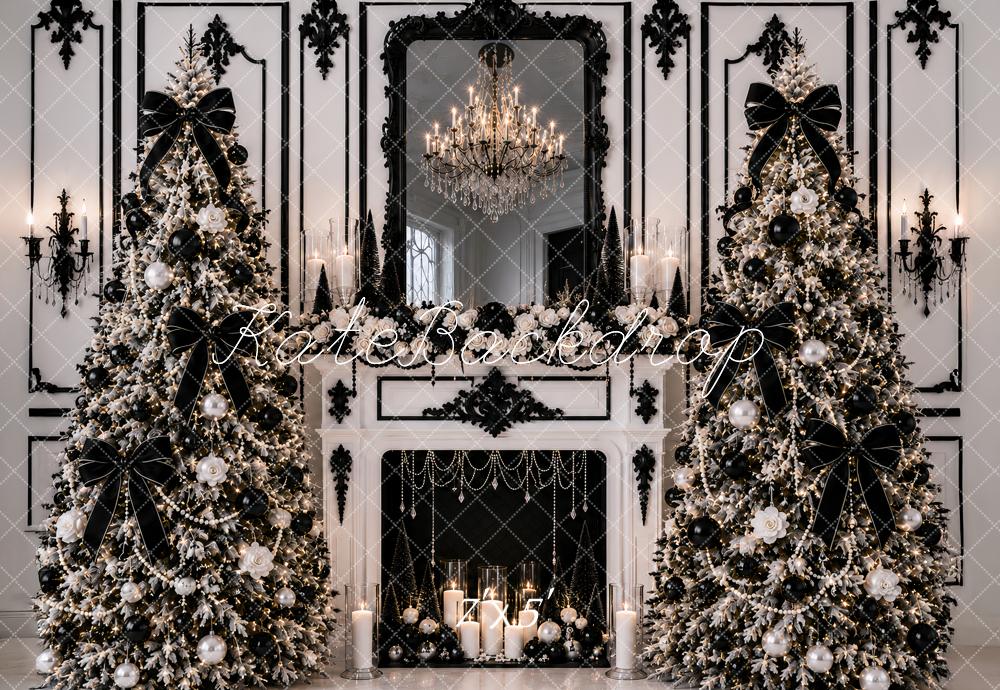 Kate Christmas Posh Black White Trees Fireplace Chandelier Printed Backdrop Designed by Ashley Paul