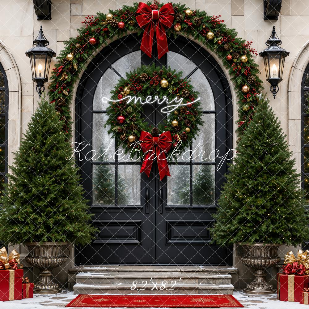 Kate Christmas Retro Black Entryway Arched Doorway Wreaths Trees Bows Printed Backdrop Designed by Emetselch