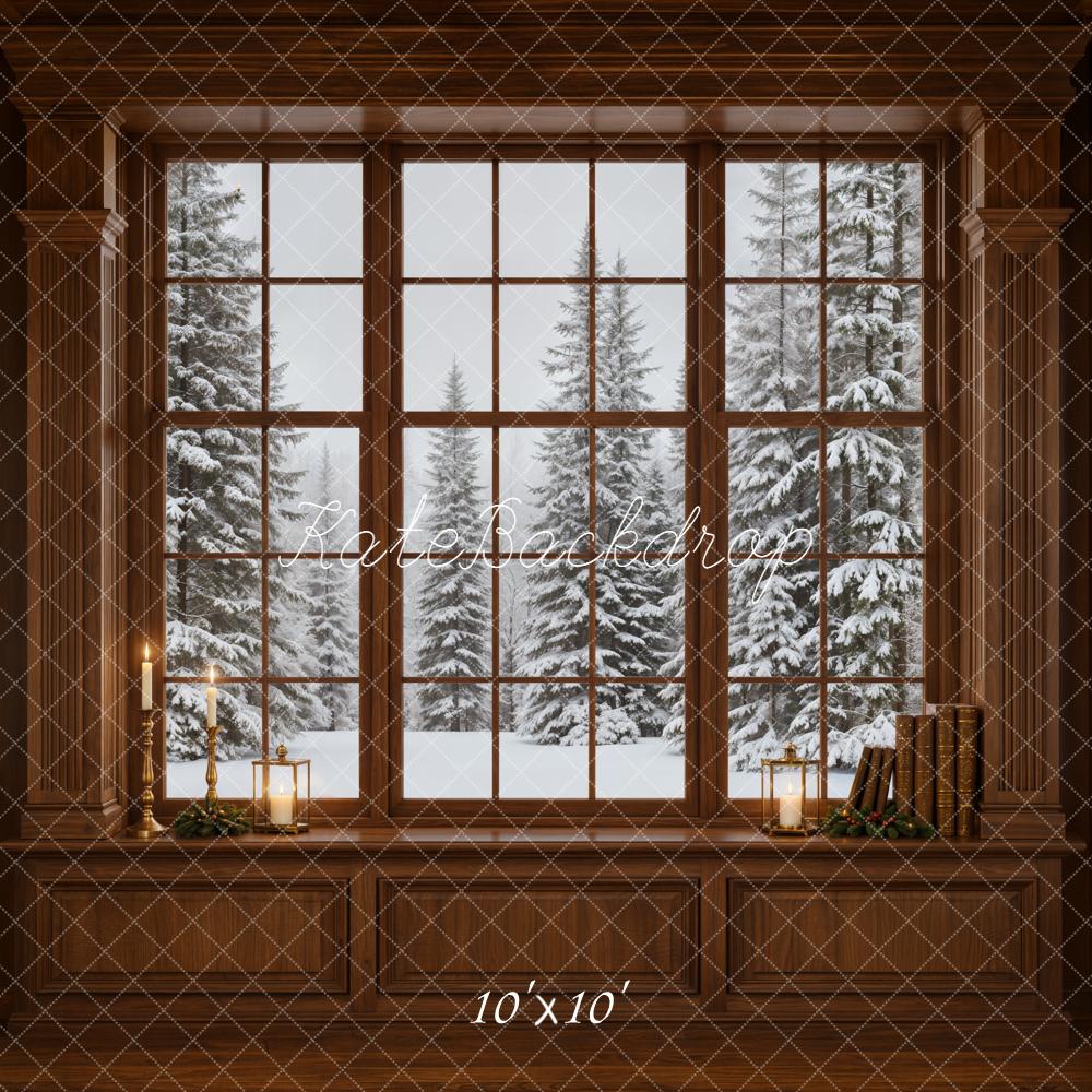 Kate Winter Window Snowy Pine Trees Vintage Wall Printed Backdrop Designed by Emetselch