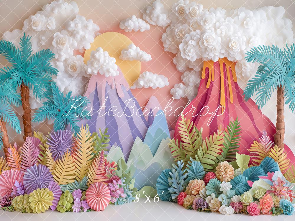 Kate Summer Volcano Palm Trees Mountains Clouds Colorful Floral Printed Backdrop Designed by Angela Miller