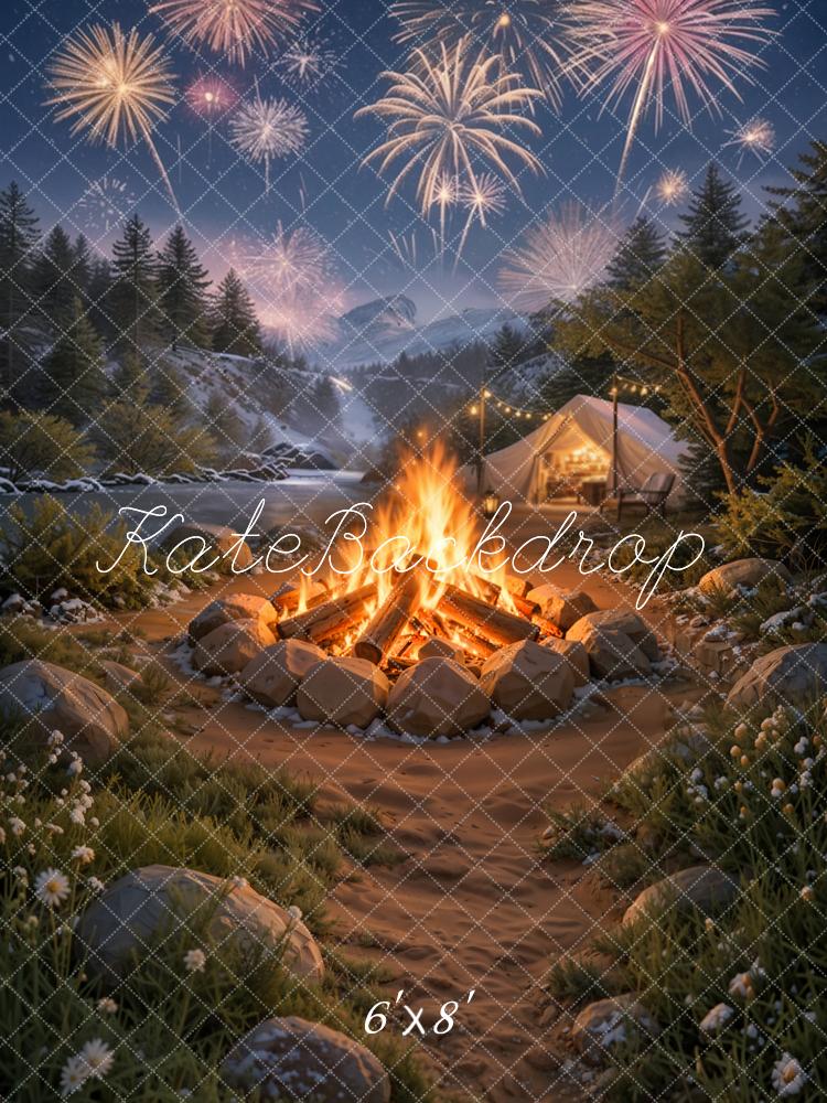 Kate Winter Fireworks Campfire Tent Mountain Camping Printed Backdrop Designed by Emetselch