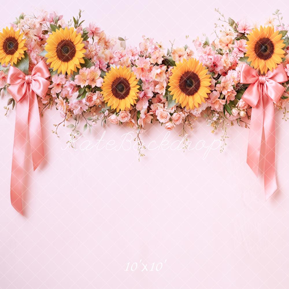 Kate Fall Flower Arch Sunflowers Pink Bows Ribbon Printed Backdrop Designed by Angela Miller