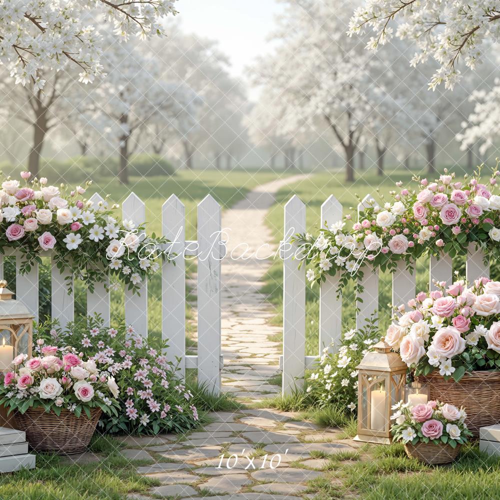 Kate Spring White Picket Fence Pink Flowers Lanterns Garden Path Backdrop Designed by Mini MakeBelieve