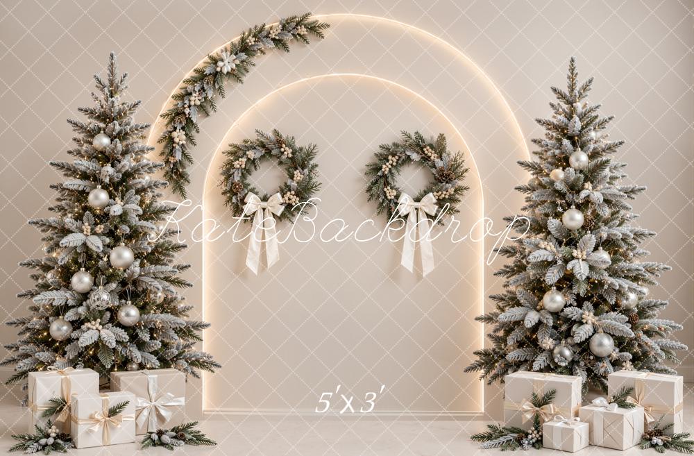 Kate Christmas Beige Tree Arch Wreaths Gifts Printed Backdrop Designed by Emetselch