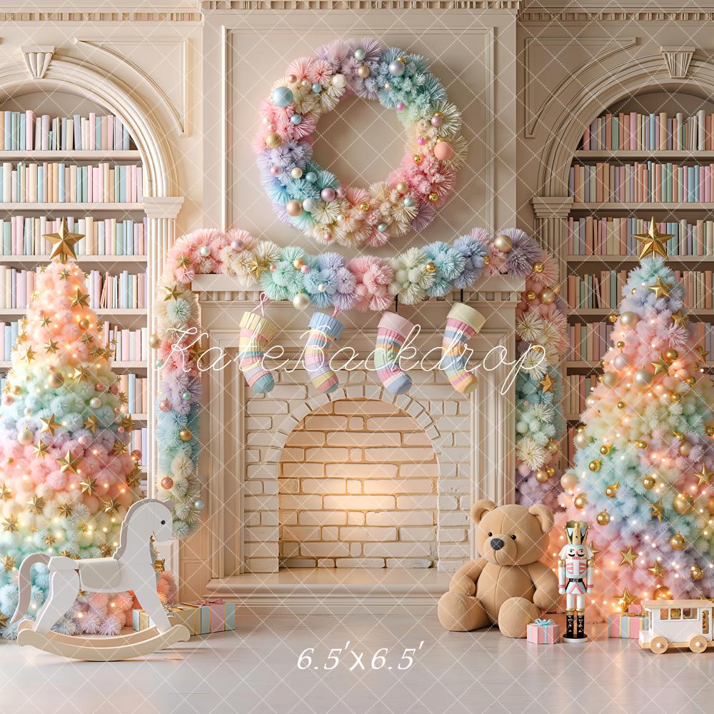 Kate Christmas Trees Pastel Colorful Fireplace Wreath Library Printed Backdrop Designed by Emetselch