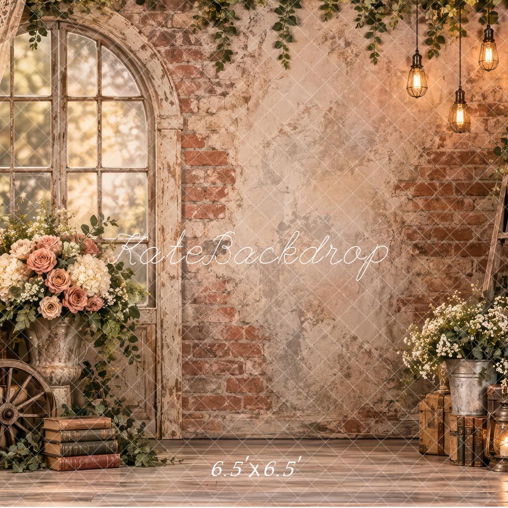 Kate Spring Vintage Brick Wall Arched Window Flowers Lanterns Printed Backdrop Designed by Laura Bybee