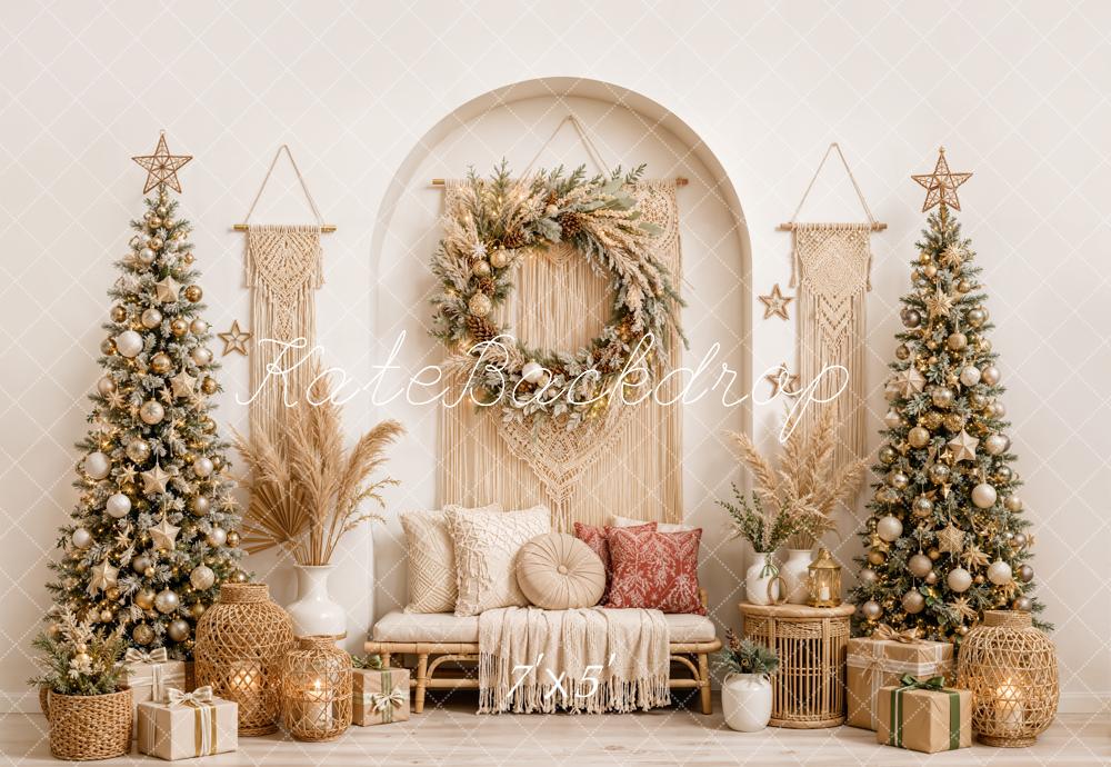 Kate Christmas Boho Macrame Wreath Christmas Trees Pillows Printed Backdrop Designed by Emetselch