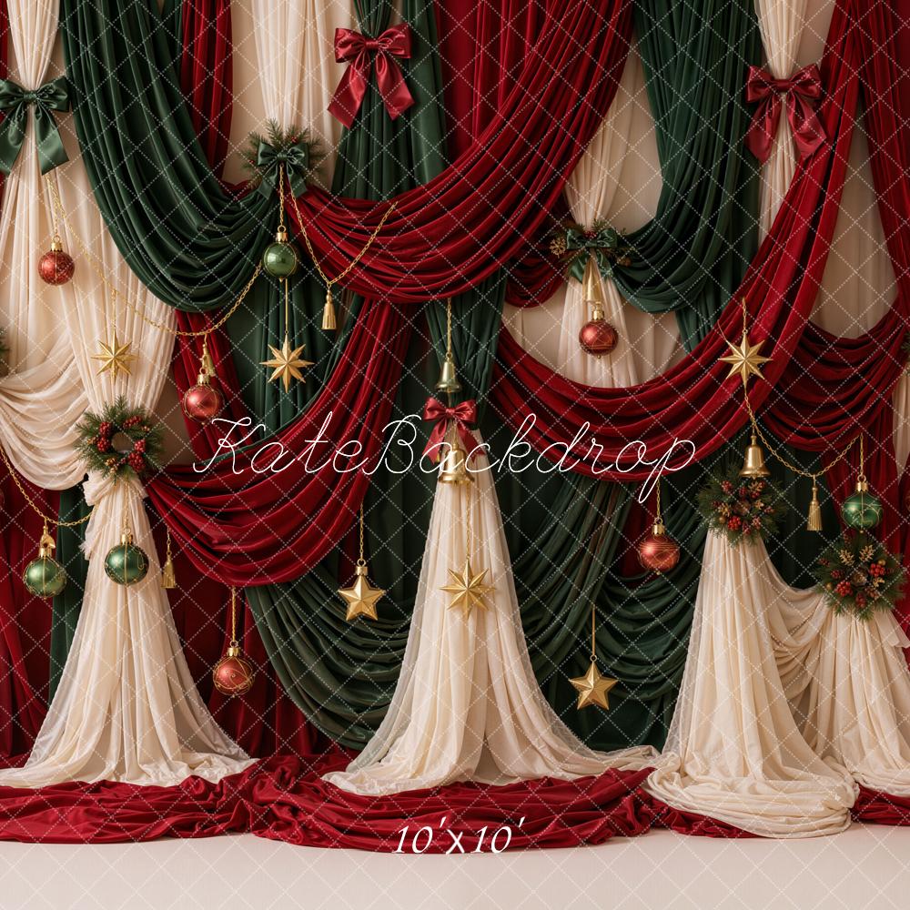 Kate Christmas Red Green Draped Curtains Ornaments Printed Backdrop Designed by Emetselch
