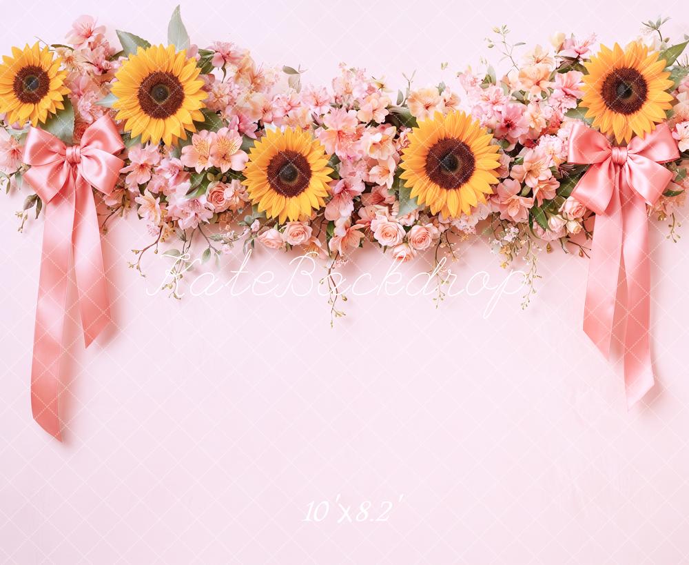 Kate Fall Flower Arch Sunflowers Pink Bows Ribbon Printed Backdrop Designed by Angela Miller