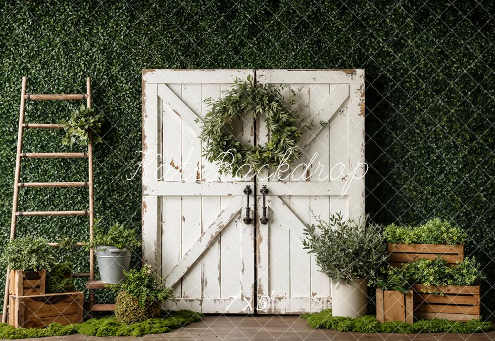 Kate Spring Greenery White Barn Door Wreath Ladder Crates Backdrop Designed by Emetselch